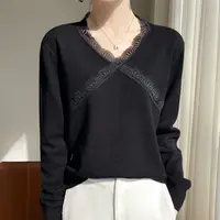 Women Clothes Elegant Lace Patchwork Solid Loose T Shirts Spring Autumn Long Sleeve V Neck Simplicity Casual Tops Fashion Office - Image 2