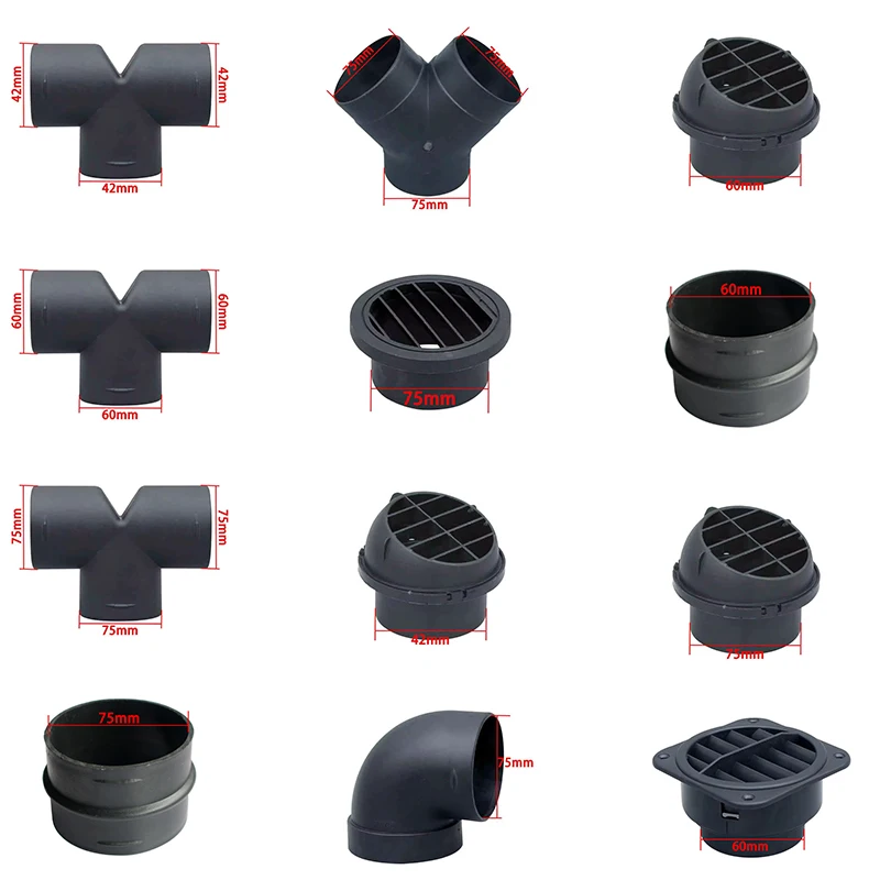 42mm/60mm/75mm Air Vent Ducting T Y L Piece Elbow Pipe Outlet Exhaust Joiner Connector For Diesel Parking Heater