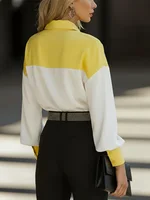 Women Shirt Blouse Long Sleeve Turn Down Collar Button Color Block Patchwork Casual Female Office Tops Trendy Work Shirt - Image 2