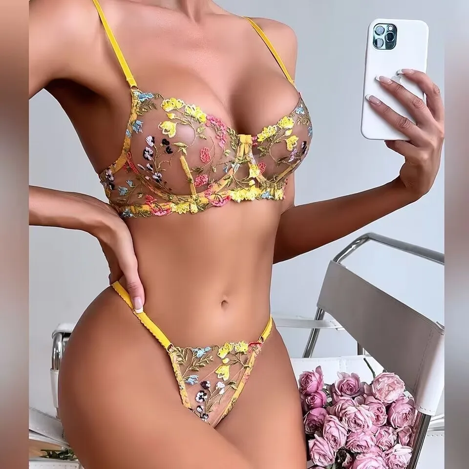 Ensemble de lingerie sexy en dentelle orange pour femme, style croisé, avec soutien-gorge floral assorti