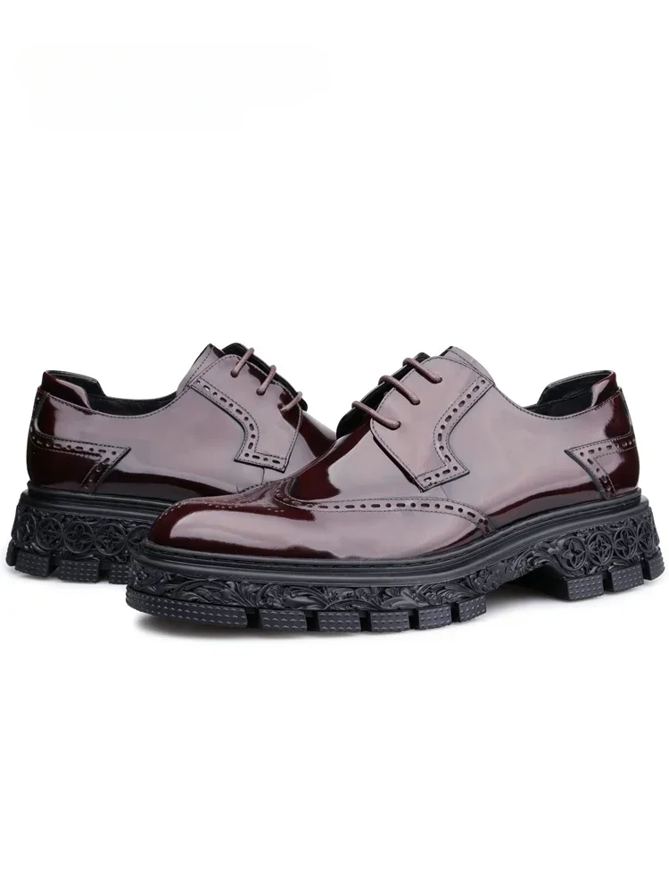 New Autumn Formal Men Shoes Brock Carved Platform with British Leather Glossy Leather Shoes. Gift