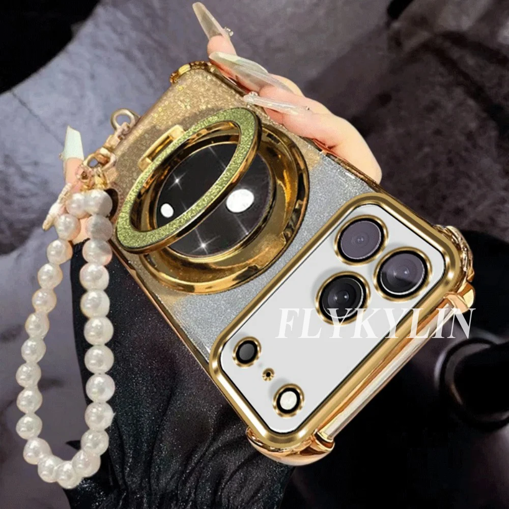 Enhanced Flashing Anti-Drop Phone Case with Makeup Mirror Holder and Pearl Chain
