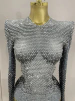 Sparkle Silver Rhinestones Long Sleeve Stretch Bodysuits 2025 New Women Evening Luxury Birthday Party Sexy Nightclub Stage Costu - Image 5