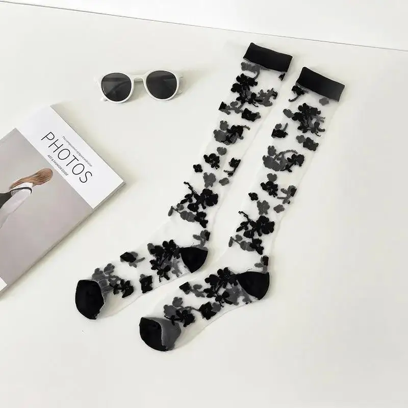 Summer Ultra-thin Transparent Nylon Long Socks Stockings Japanese Fashion Flower Knee Socks Vintage Crystal Silk Socks Stockings