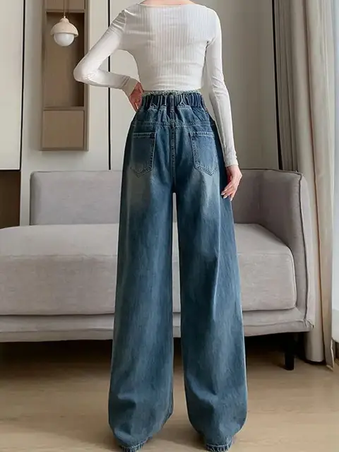 Large Size Denim Trousers Women Trailing Straight Wide Leg Loose High Waisted Slim Lace Tassel Higher Pants 4