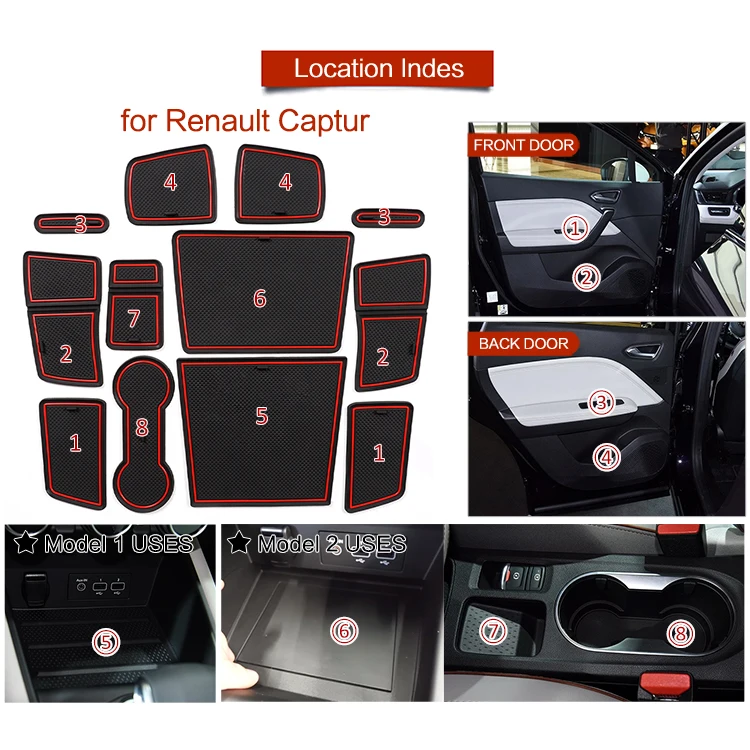 Smabee für Renault Captur 2 (nur elektronische Feststellbremse) 2019-2023 Anti-Rutsch-Matten für Getränkehalter und Türrillen Zubehör – Detail 11