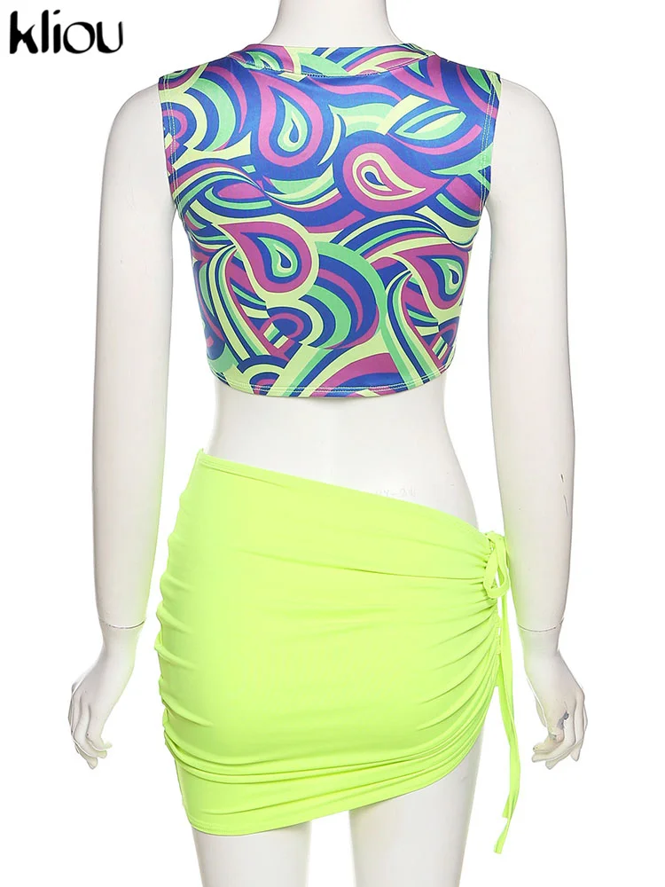 Kliou Stunning Print Beachwear Two Piece Set Women Fashion O-neck Sleeveless Skinny Tops+Hot Simple Solid Bandage Female Skirt