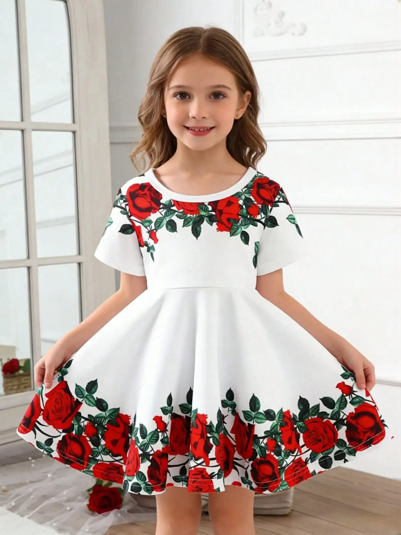 Floral print dress, casual style, suitable for spring/summer, suitable for girls' daily travel