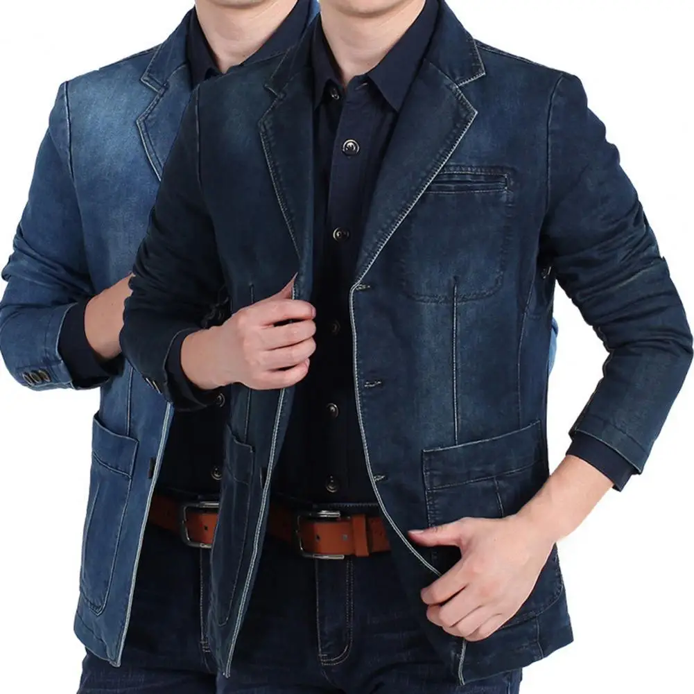 

Trendy Denim Jacket Temperament Turndown Collar Autumn Three Buttons Pockets Suit Coat Men Jeans Blazer Fine Stitching