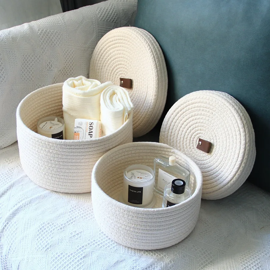 

Vintage Woven Storage Basket Dustproof Desktop Sundries Organize Box Multi-Purpose Household Tidying Cosmetic Deposit Container