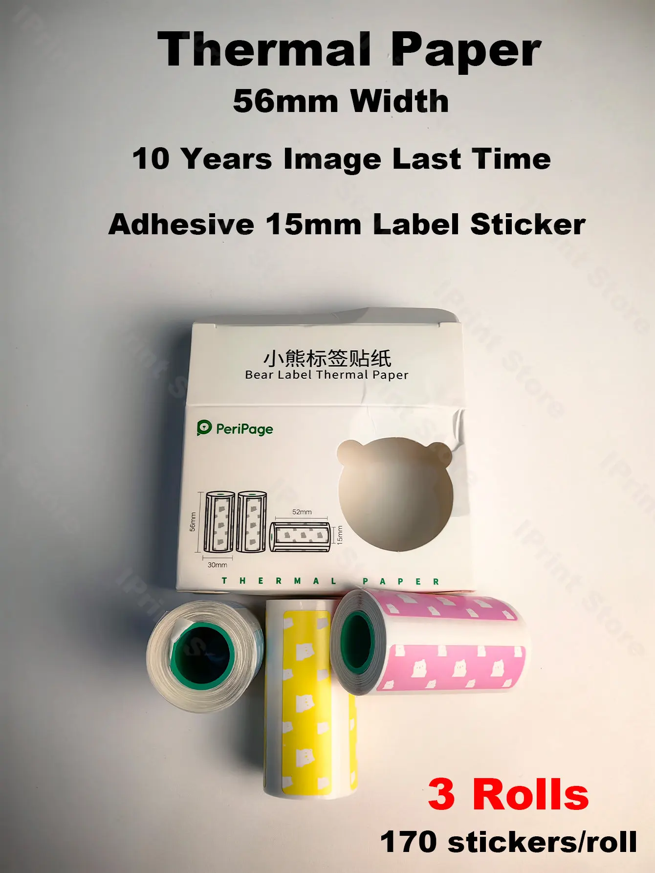 3 Rolls Thermal Paper Sticker Paper 15mm Label Paper Cute Bear Color Paper For PeriPage PAPERANG Photo Printer