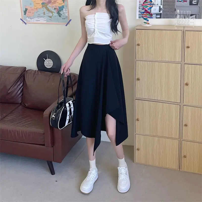 Black Irregular Skirt Women Spring Summer High Waist Thin Mid-length Umbrella Skirts Plus Size Bottoms Vintage Y2k Clothes