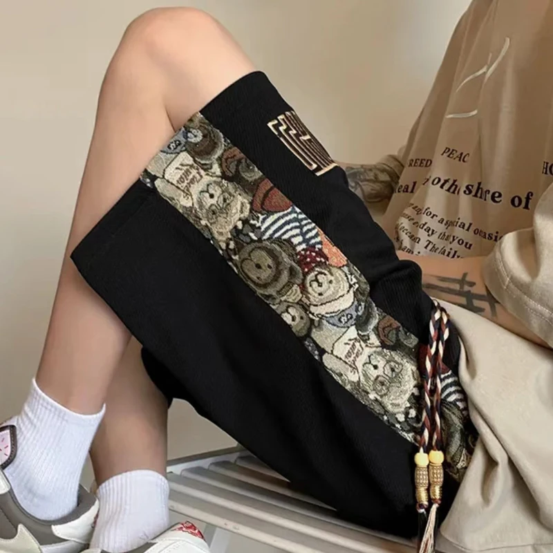 Streetwear Elastic Waist Loose Cargo Shorts Straight Lacing Temperament Simplicity Handsome Patchwork Printing Men's Clothing