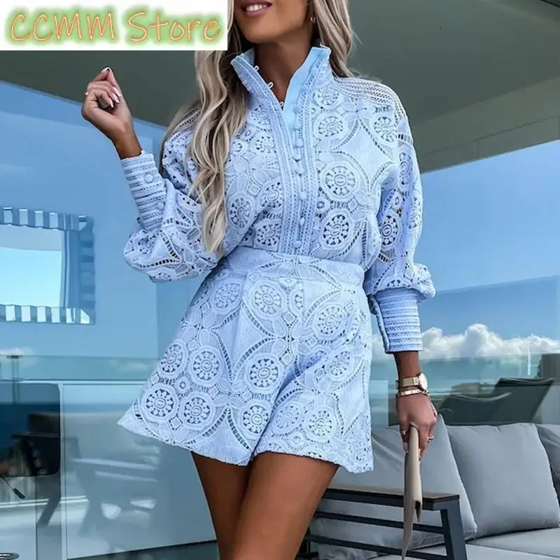 

Elegant Women Long Sleeve Office Matching Top Short Pant Suit Fashion Embroidery Hollow Lace Two Piece Sets Summer Solid Suits