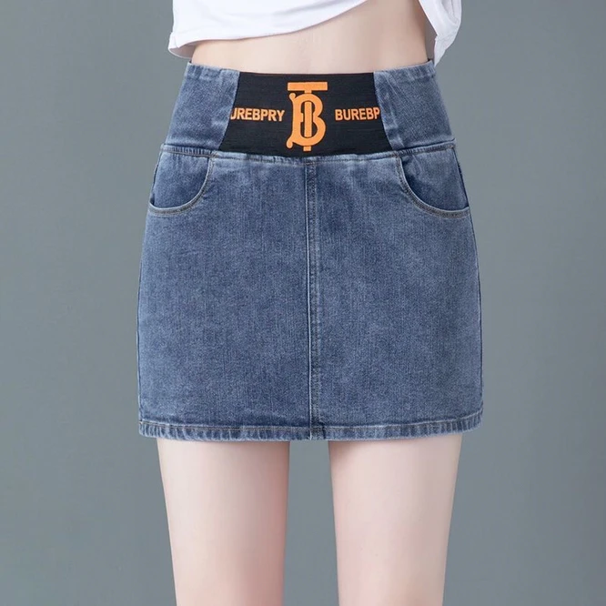 

Spring Summer Hip Wrapped Denim Short Skirt Women's High Waist Elastic Thin Versatile Sexy Miniskirt Girl Solid Retro Blue