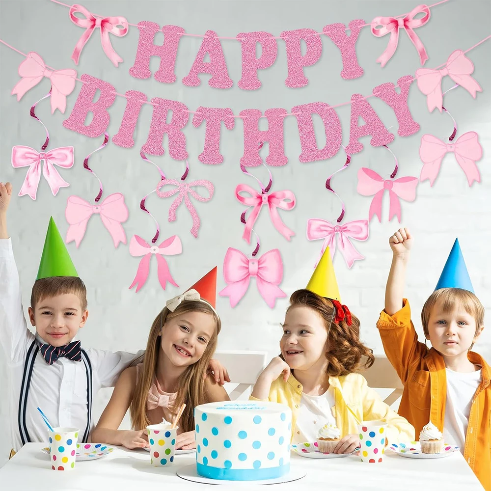 Rosa Schleifen-Themen Geburtstagsdekoration Glitzer Happy Birthday Banner Rosa Schleifen Hängende Spiralen für Coquette Geburtstagsdeko Zubehör – Detail 6