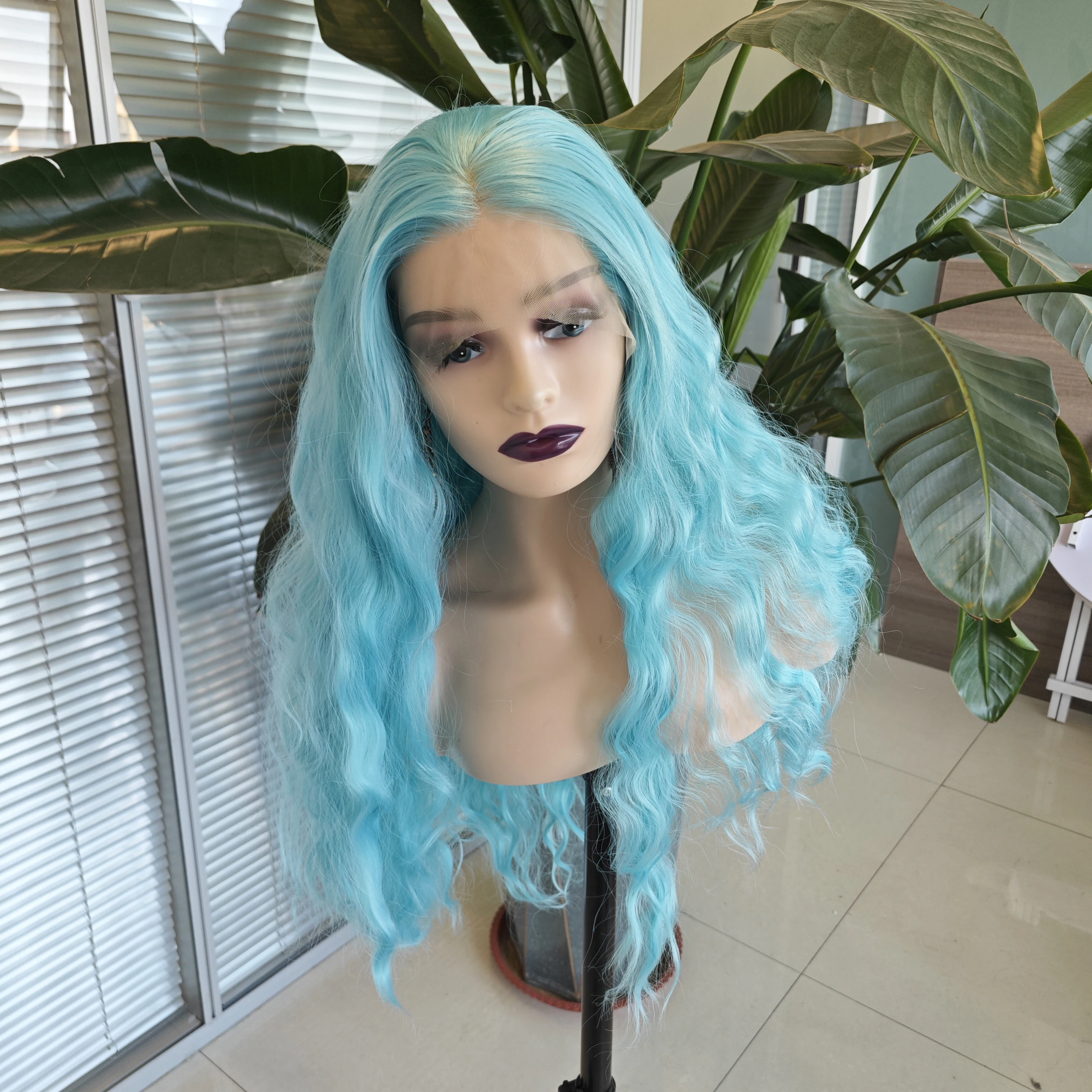 

RONGDUOYI Loose Wave Ligh Blue Synthetic Wigs Long Hair Water Wavy Natural Fiber Hair Synthetic Wig Women Use Daily Makeup Wigs