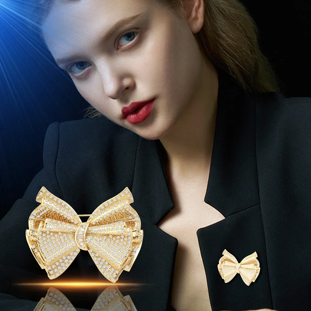 

personality double pleated bow brooches for women Elegant luxury Inlaid zircon gold corsage suit coat pin clothing accessories