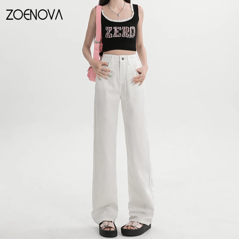 ZOENOVA 여성용 화이트 하이 퀄리티 아이스 실크 청바지, 리오셀 원단, 스몰 스트레이트 캐주얼, 다목적 데님 바지, 여름 신상 패션