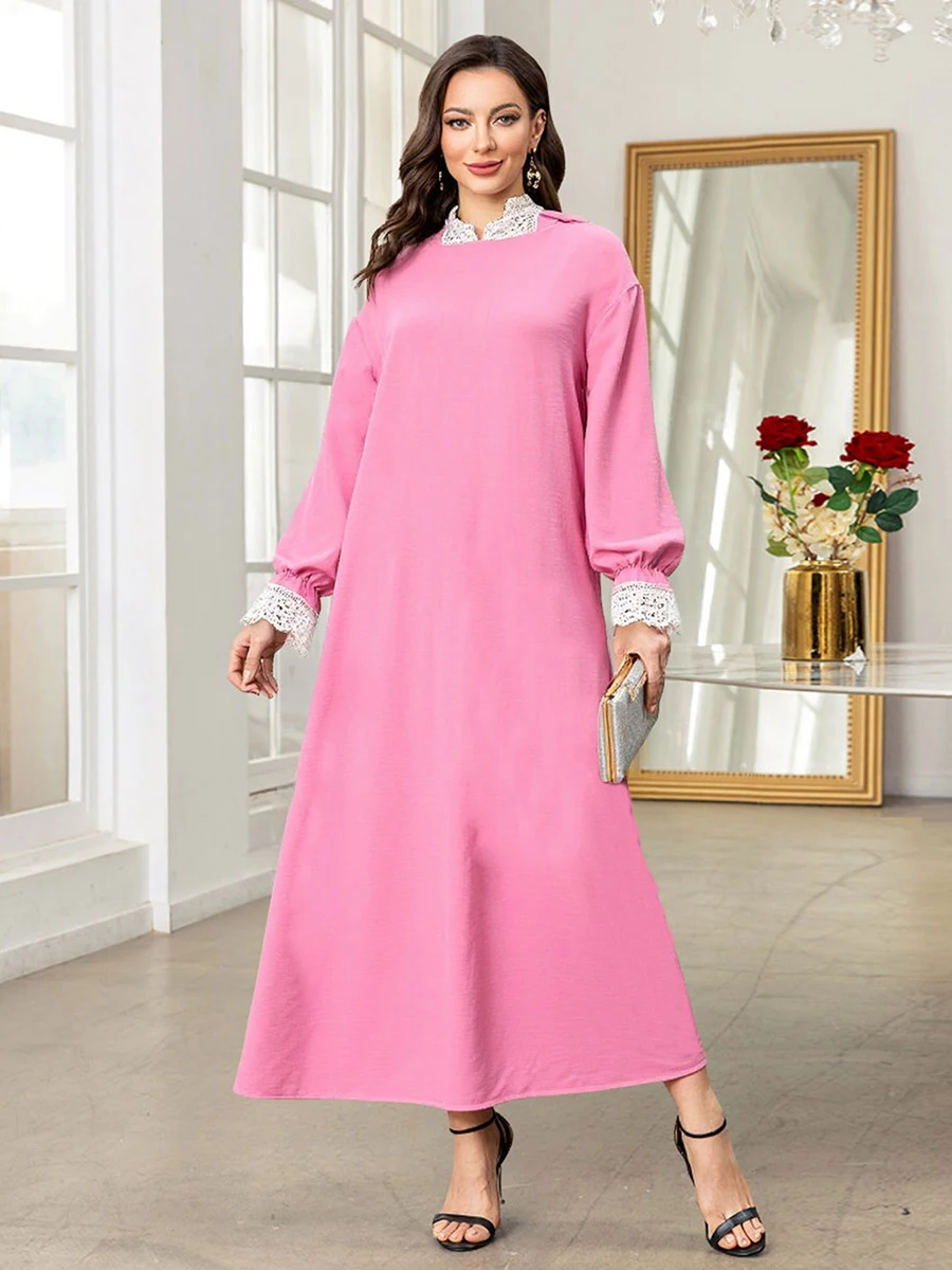 Elegant Mu Women s Abaya Dress with Hijab and Lace Patchwork Long Sleeve Islamic Prayer Robe Arabic Casual Dress for Women