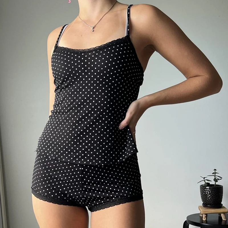 

Y2K Vintage Spaghetti Strap Camisole Crop Tops + Slim Fit Shorts Women Polka Dot Print Lace Trim 2 Piece Set Sweet Girl Homewear