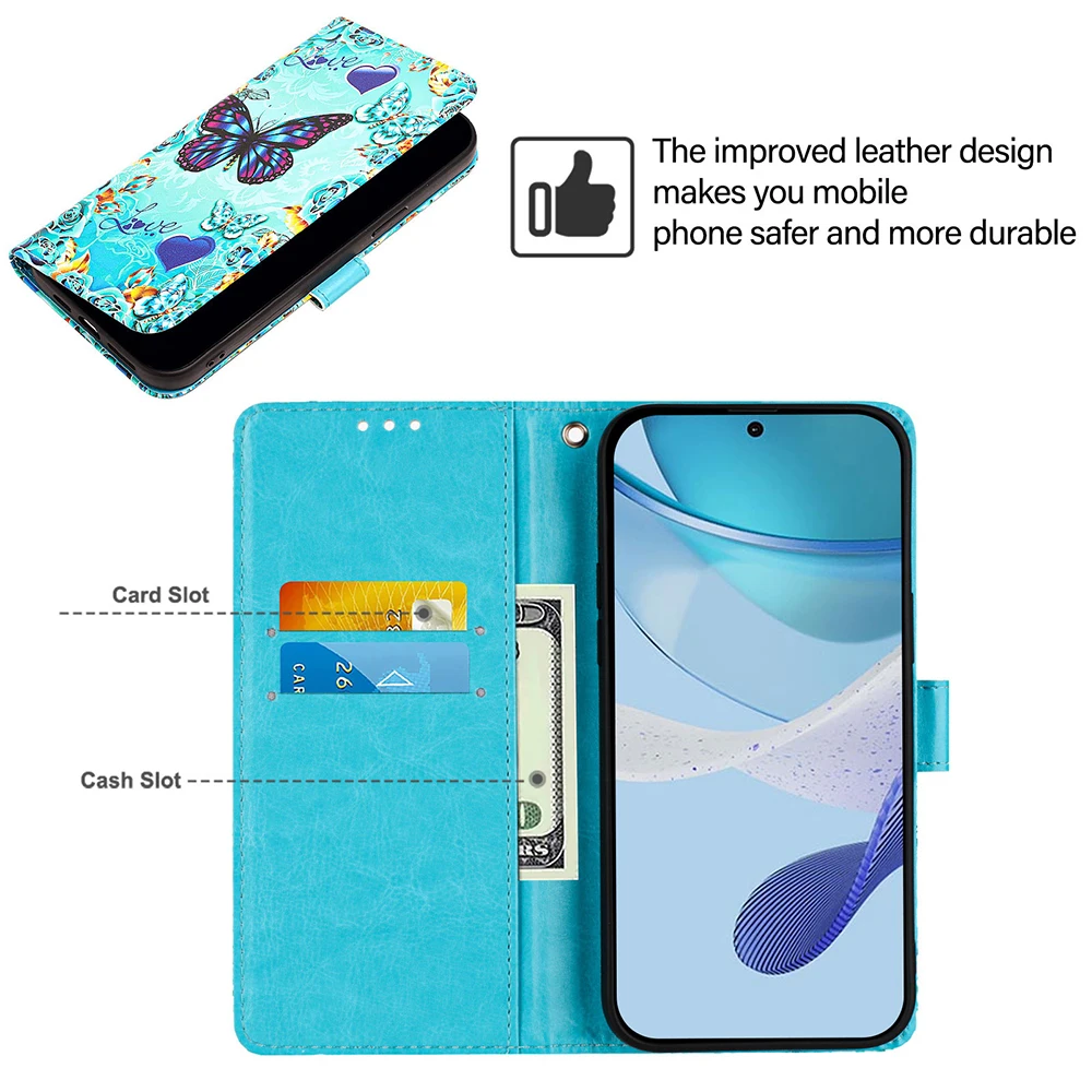 Chic Painted Leather Flip Phone Case with Wallet Holder and Stand Cover