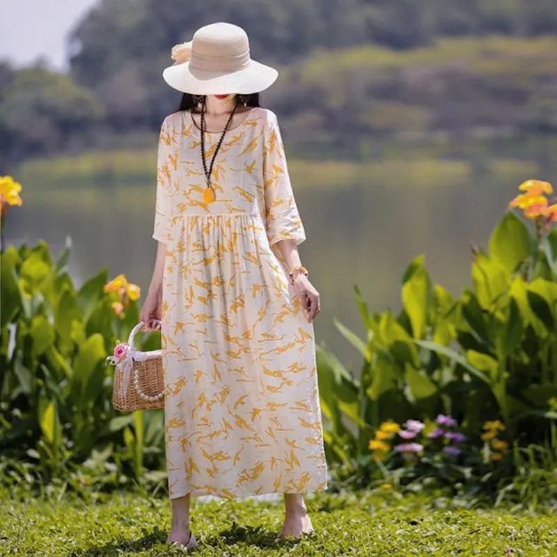 

2023 New Arrival Summer Women Loose Fit Casual A-line Print O-neck Three Quarter Sleeve Cotton Linen Ankle-length Dresses P642