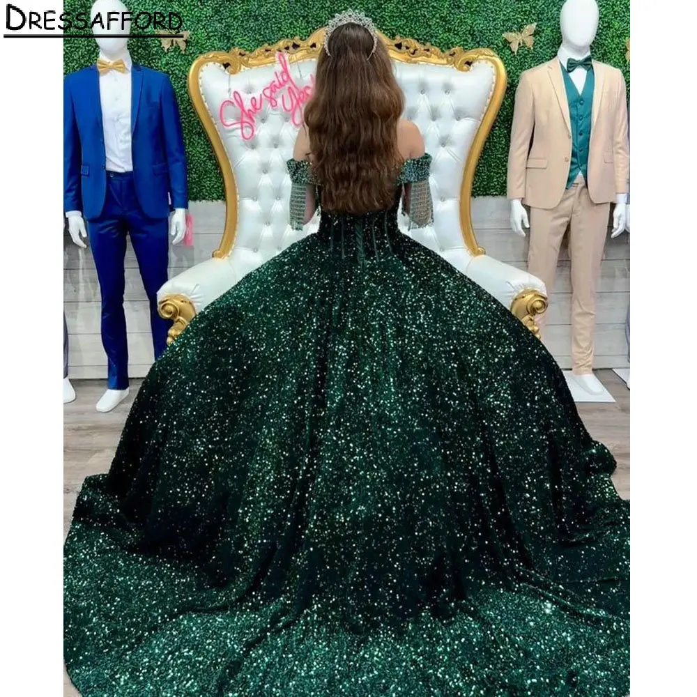 Emerald Green Glitter Sequined Quinceanera Dress Ball Gown Off The Shoulder Beading Tassel Corset Vestidos De Quinceañera