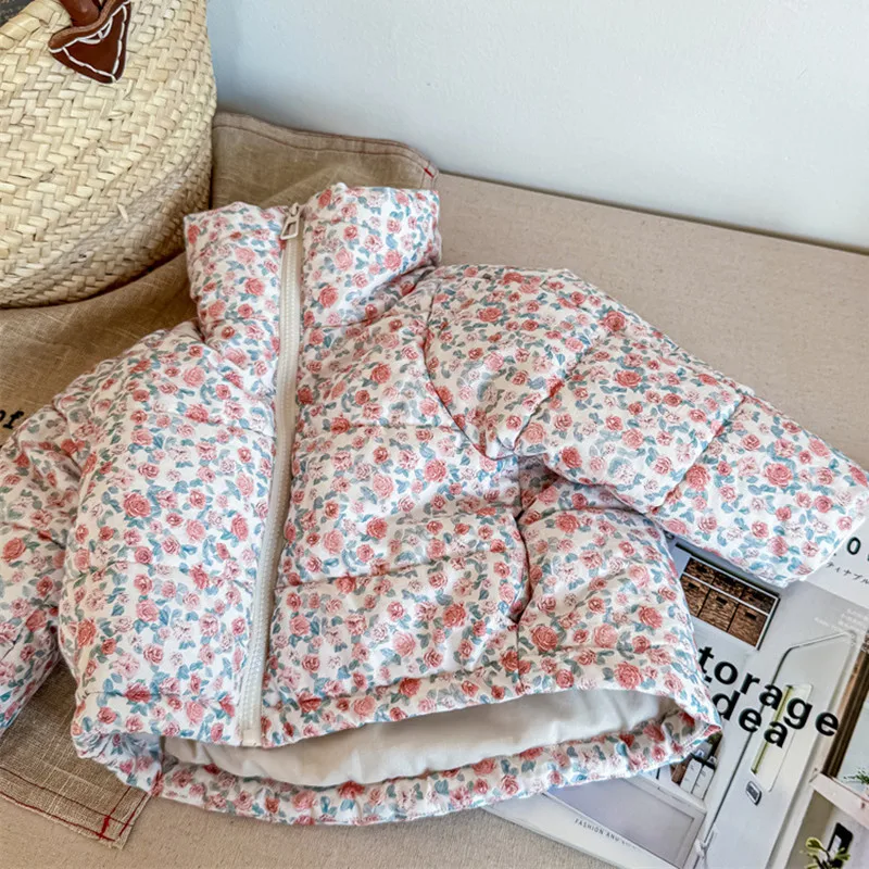 deer jonmi Winter Baby Girls Floral Printed Cotton-padded Coats Korean Style Thicken Warm Toddlers Kids Outerwear