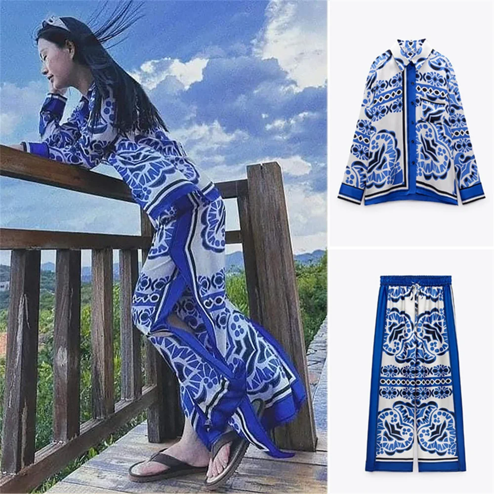 

2023 spring and summer women's new elegant printed blouse lapel long-sleeved shirt + printed home trousers 3106161 3073159