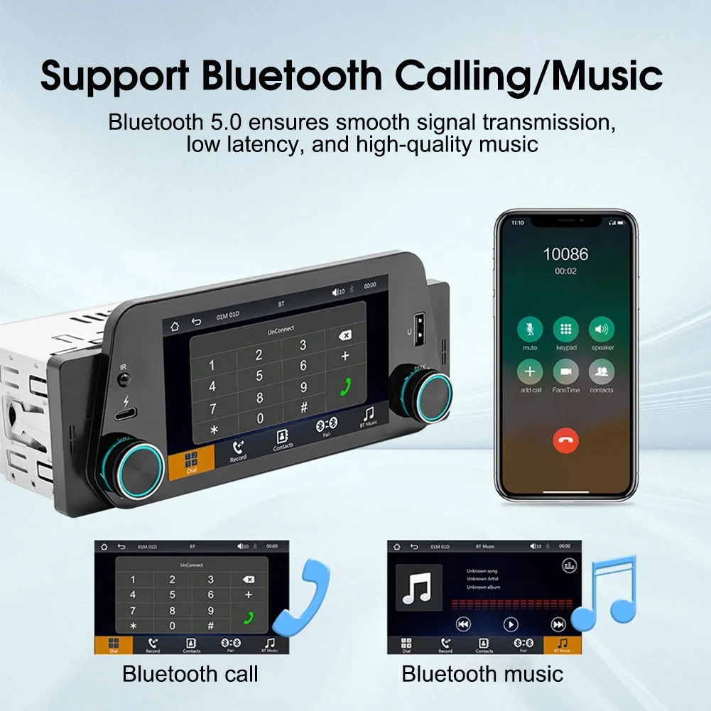 1Din Car Stereo Wireless CarPlay Android Auto Car Radio 5-Inch Touch Screen Bluetooth Handsfree Call USB Mirrorlink Audio System