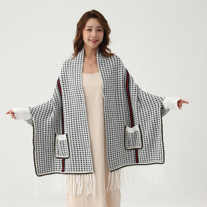 Women Imitation Mink Velvet Houndstooth Knitted Cloaks Warm Thick Big Pocket Capes Autumn Winter Plaid Coats Chic Travel Shawl 140x80cm usb charging electric blankets warm electric heating shawl timing function heated blanket mink velvet warm shawl