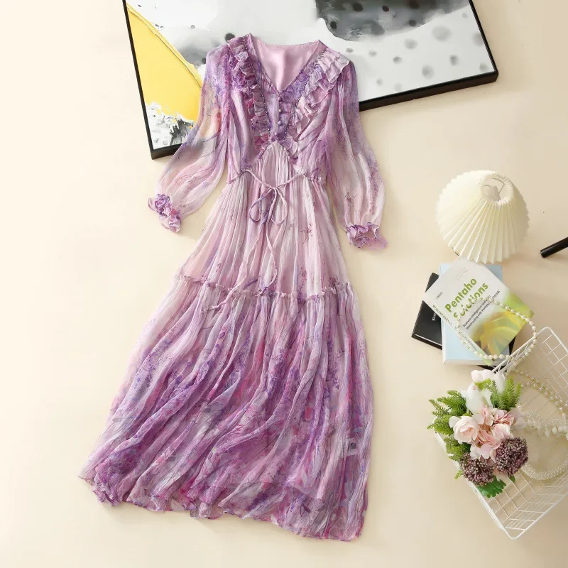 

Платье длинное женское из натурального шелка, с оборками, V-образным вырезом и пуговицами