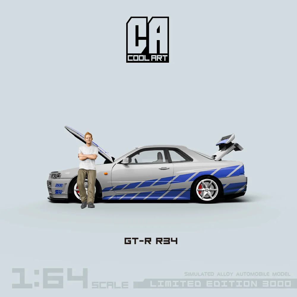 TIME MICRO/COOL ART 1:64 GTR-R34 Paul Blue Silver Flower Car Open Cover Model Car for Collection & Display & Gift 3