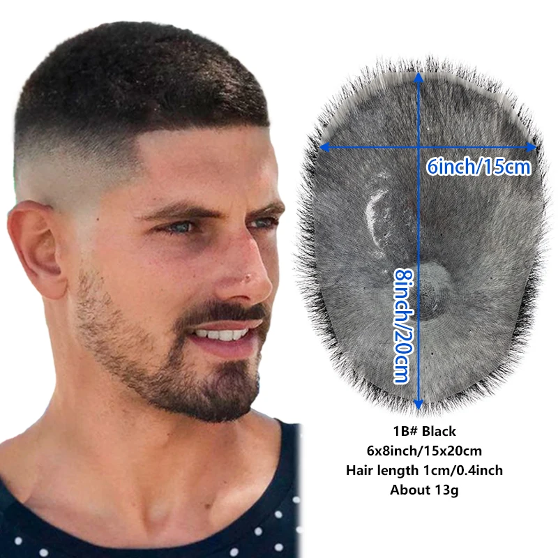 Capelli umani al 100% Nero Buzz Cut Parrucchino per uomo Ultra sottile Traspirante 15 * 20 cm PU Topper Accessorio per capelli quotidiano dall'aspetto naturale - immagine 2