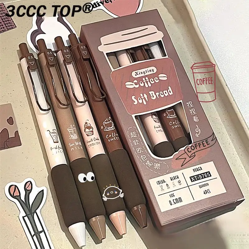 

4Pcs Coffee Soft Bread Gel Pen Set 0.5mm Black Color Ink for Writing Office School Stationery Supplies for Student