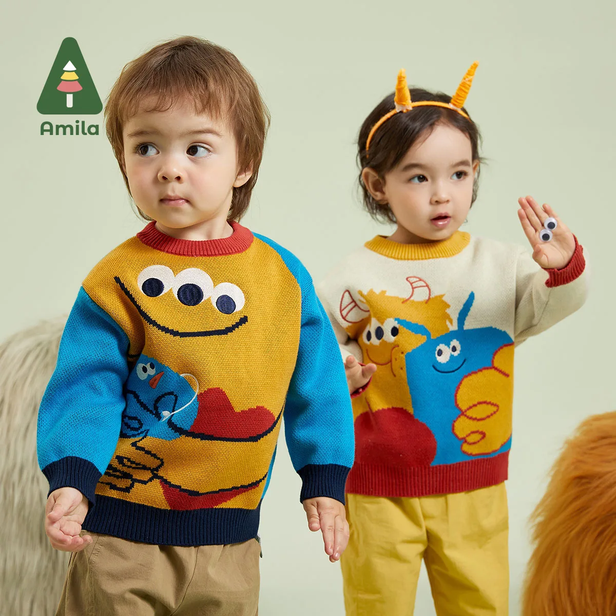 Amila Baby Personal Warmth Autumn New Cute Kami Original Pattern Jacquard Color Scheme Sweater For Boys Girl Kids Clothes