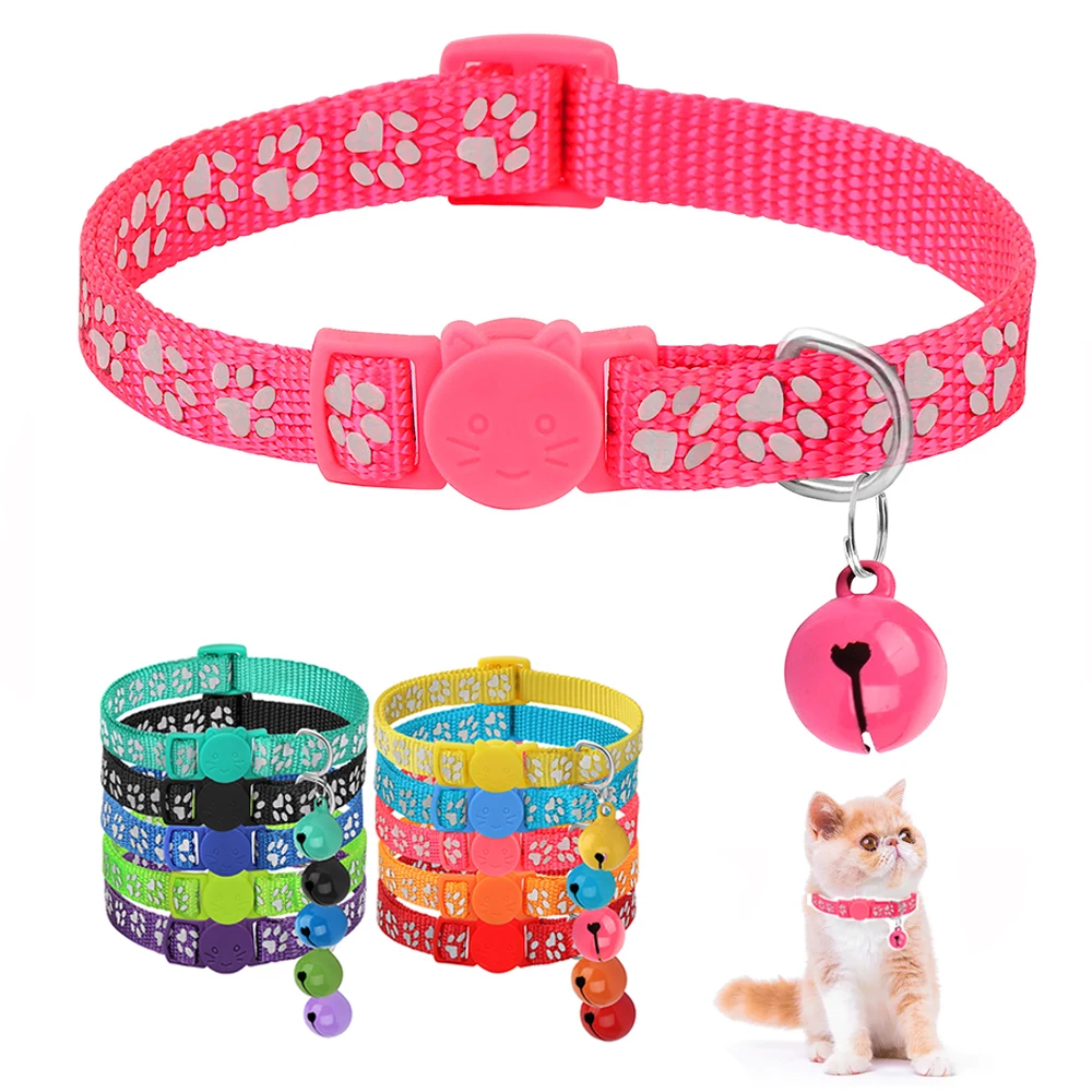 

Cat Collar With Bell Safety Breakaway Cute Cats Collars Quick Release Kitten Puppy Paw Print Necklace For Small Dog Cat Pink