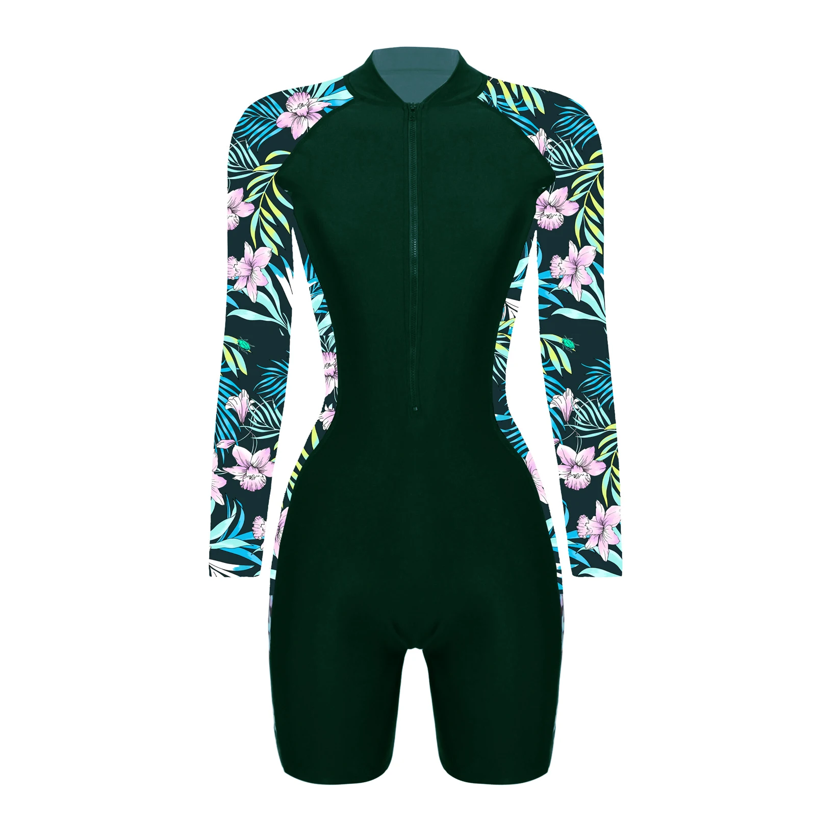 Women One-piece Swimming Jumpsuit Surfing Bodysuit Beach Swimwear Front Zipper Floral Print Sports Training Competition Swimsuit