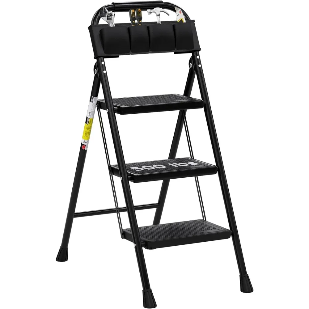 3 Step Ladder EFFIELER Folding Step Stool with Wide Anti-Slip Pedal, 500 lbs Sturdy Steel Ladder, Convenient Handgrip