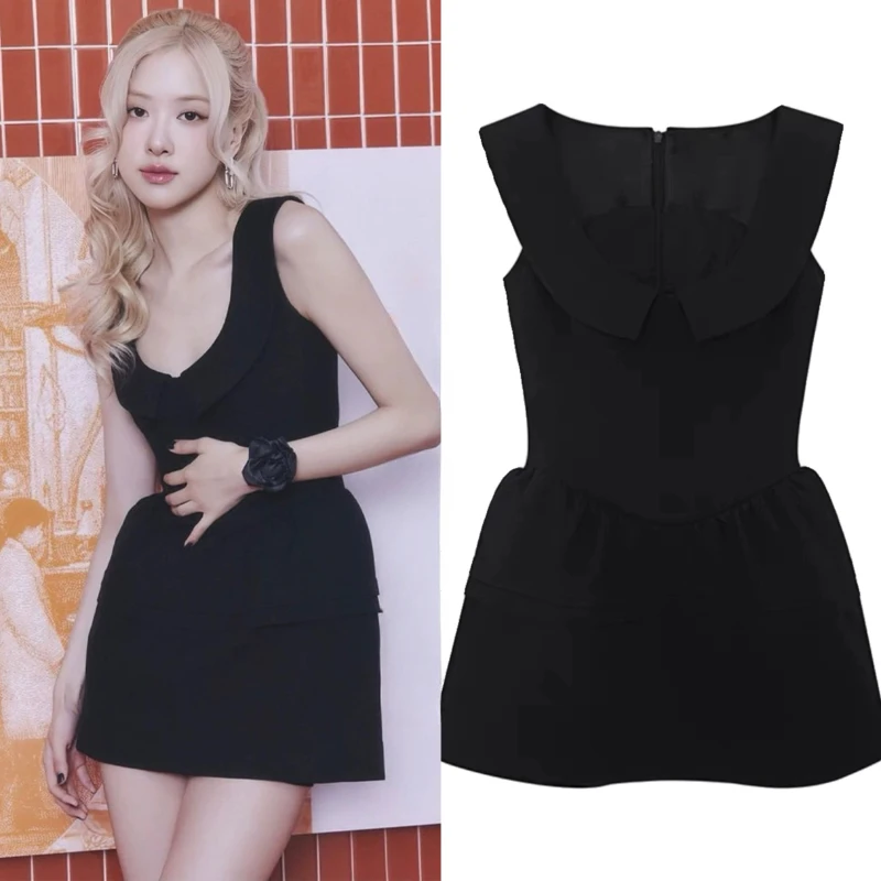 

New Kpop Korean Singer Concert Performance Sexy Black O-Neck Sleeveless Vest Dress Women Nightclub Girls Festivals Rave Clothing