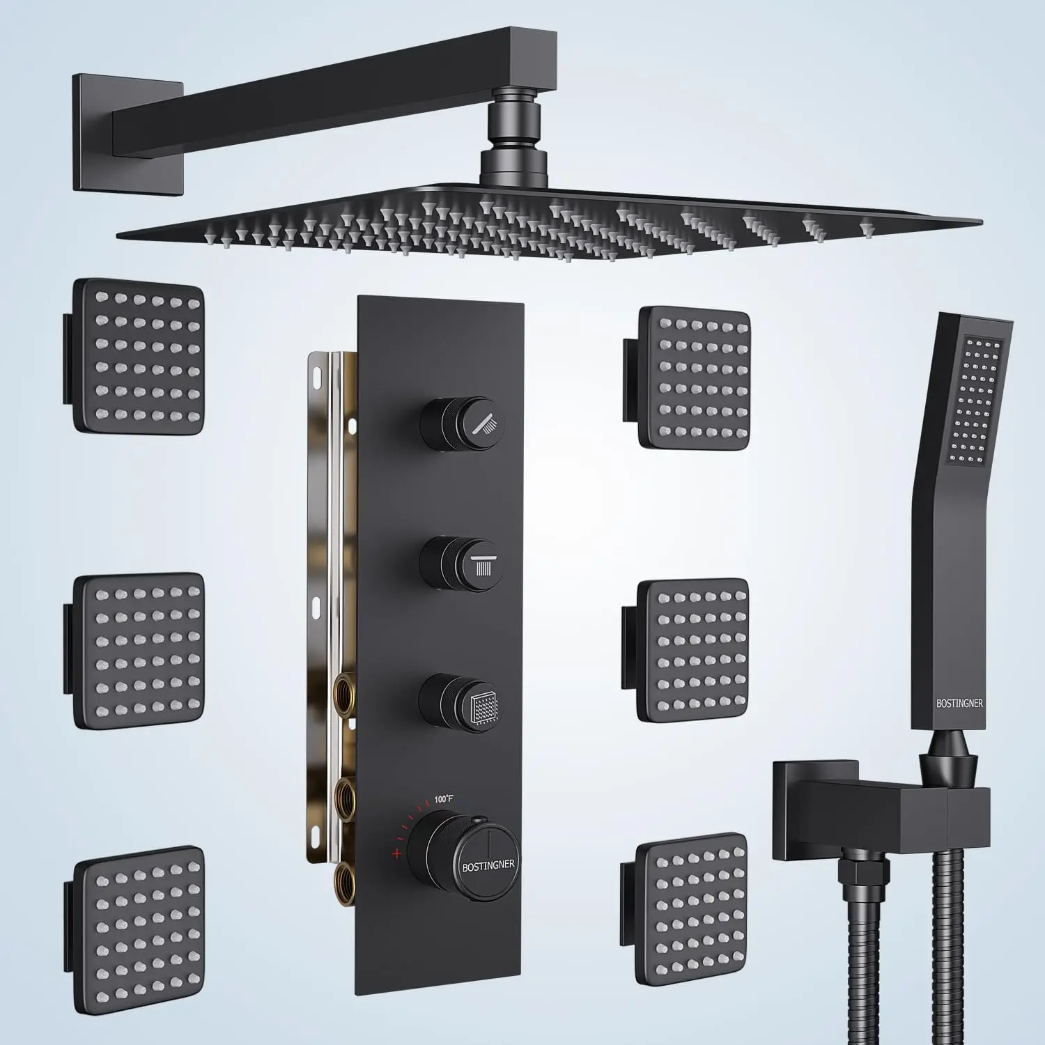 Shower System with Body Jets 12" Thermostatic Rainfall Shower System with 6 Body Spray Jets Full Spray