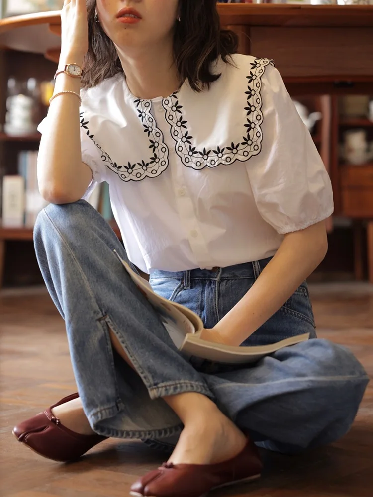 

2022 Summer New Fashion Tops French White Puff Sleeve Shirts Women Loose Embroidered Short Sleeve Shirts Boutique Clothing