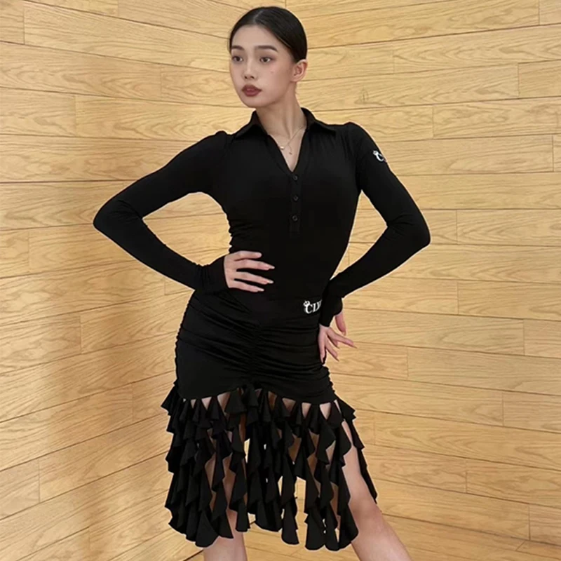 

Latin Dance Clothes Women Long Sleeves Tops Fringe Skirt Practice Cltohing Rumba Cha Cha Dance Dress Black Dancewear DNV19877