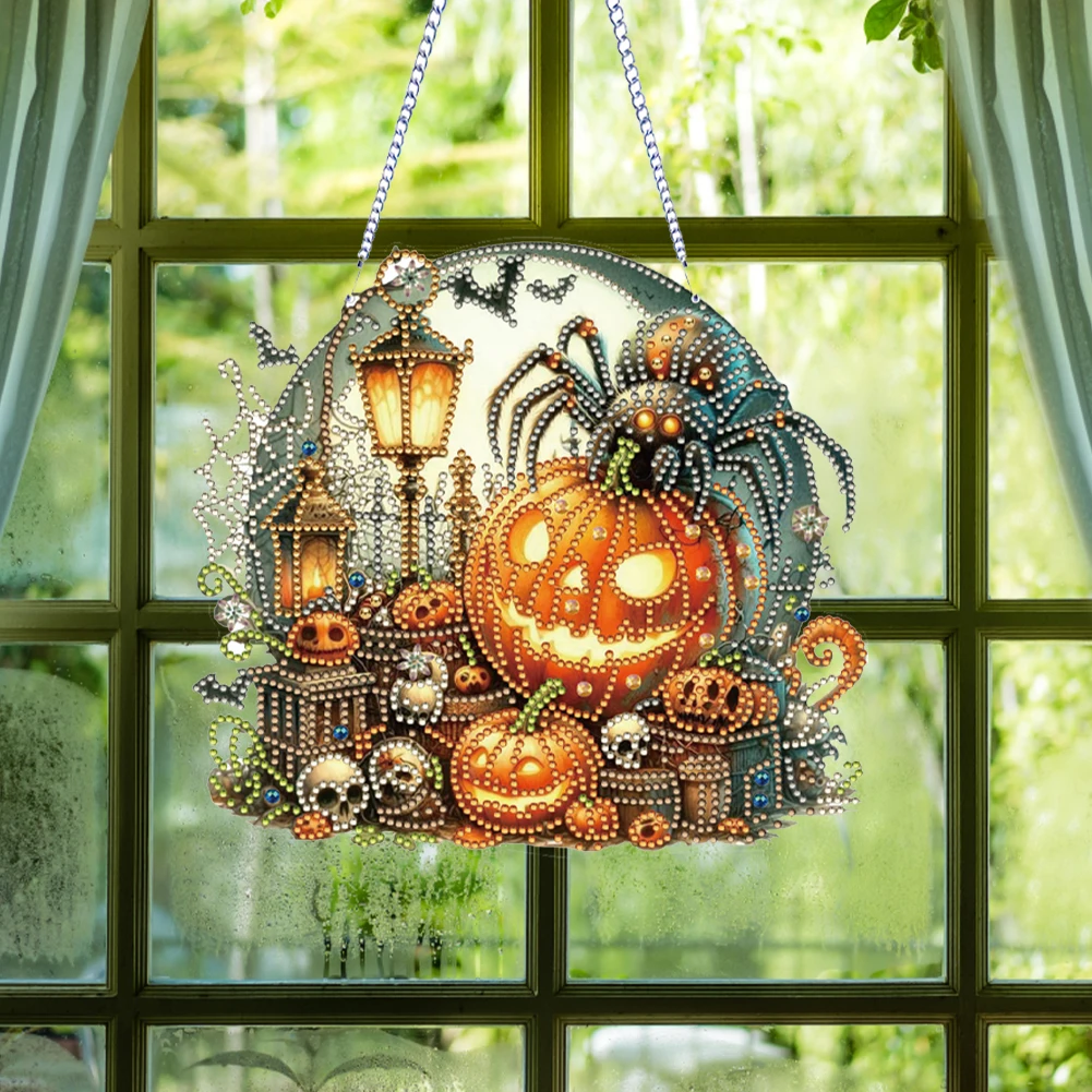 2D Flat Acrylic Diamond Painting Halloween Pumpkin Kit Pumpkin Partial Special Shaped Handmade Diamond Mosaic Art Hanging for Ho
