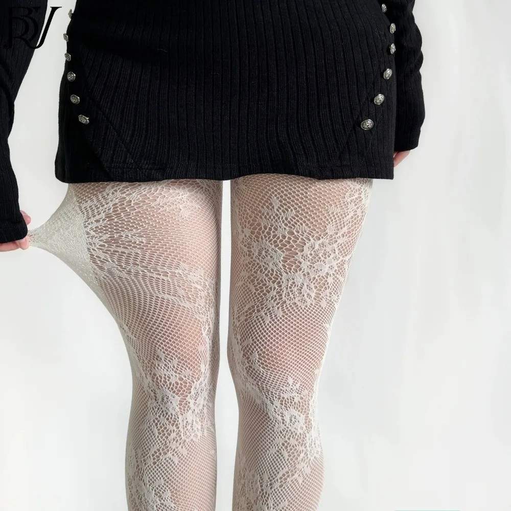 Übergrößen-Netzstrümpfe mit Jacquard-Blumenmuster, Ausgehöhltes Blumenmuster, Modische Spitzenstrümpfe – Detail 9