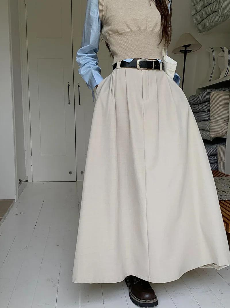 Korean Black High Waist Pleated Woman Grey Suit Skirt Female