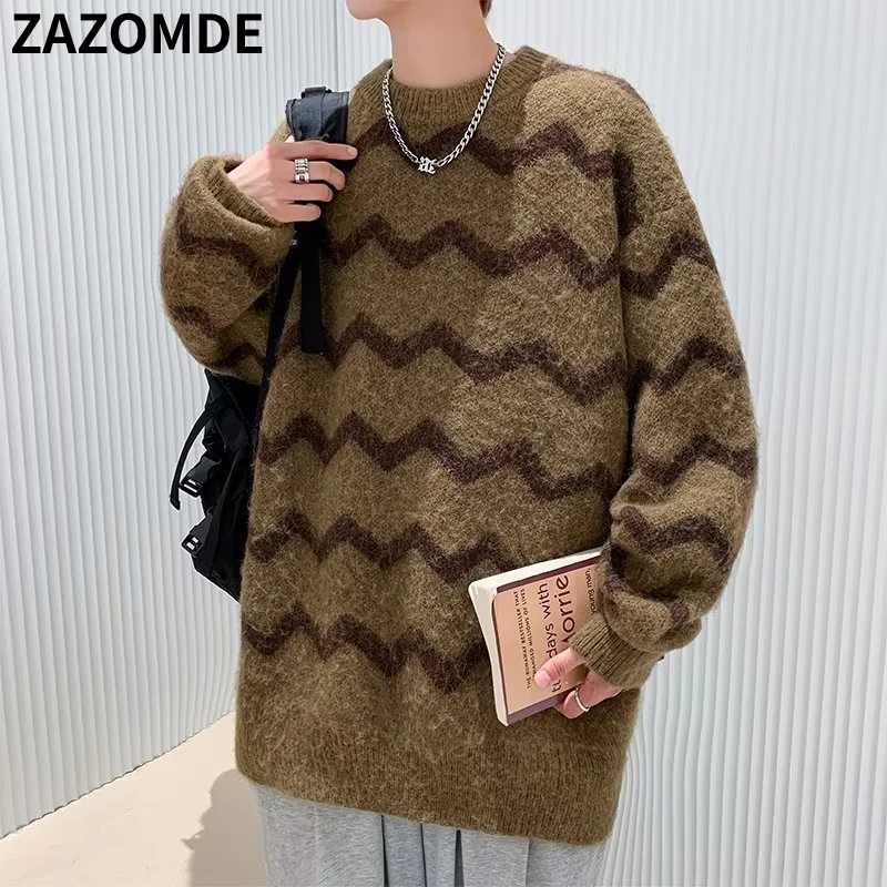 

Spring 2023 Men's New Fashion Wave Pattern Loose Casual Knit Retro Lazy Long Sleeve Round Neck Pullover Teen Sweater