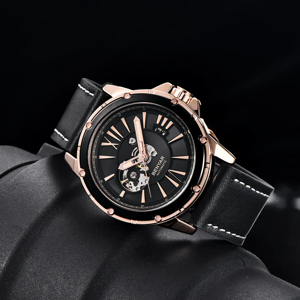 

Watch For Men Skeleton Automatic Mechanical Watch Skeleton Vintage Man Watch Leather Waterproof Top Brand BENYAR Luxury Clock
