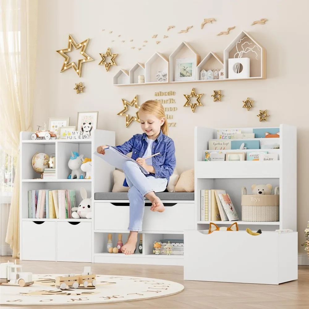 72” Kids Bookshelf with Reading Nook, Super Large Toy Storage Organizer with Seat Cushion and 3 Movable Drawers 6